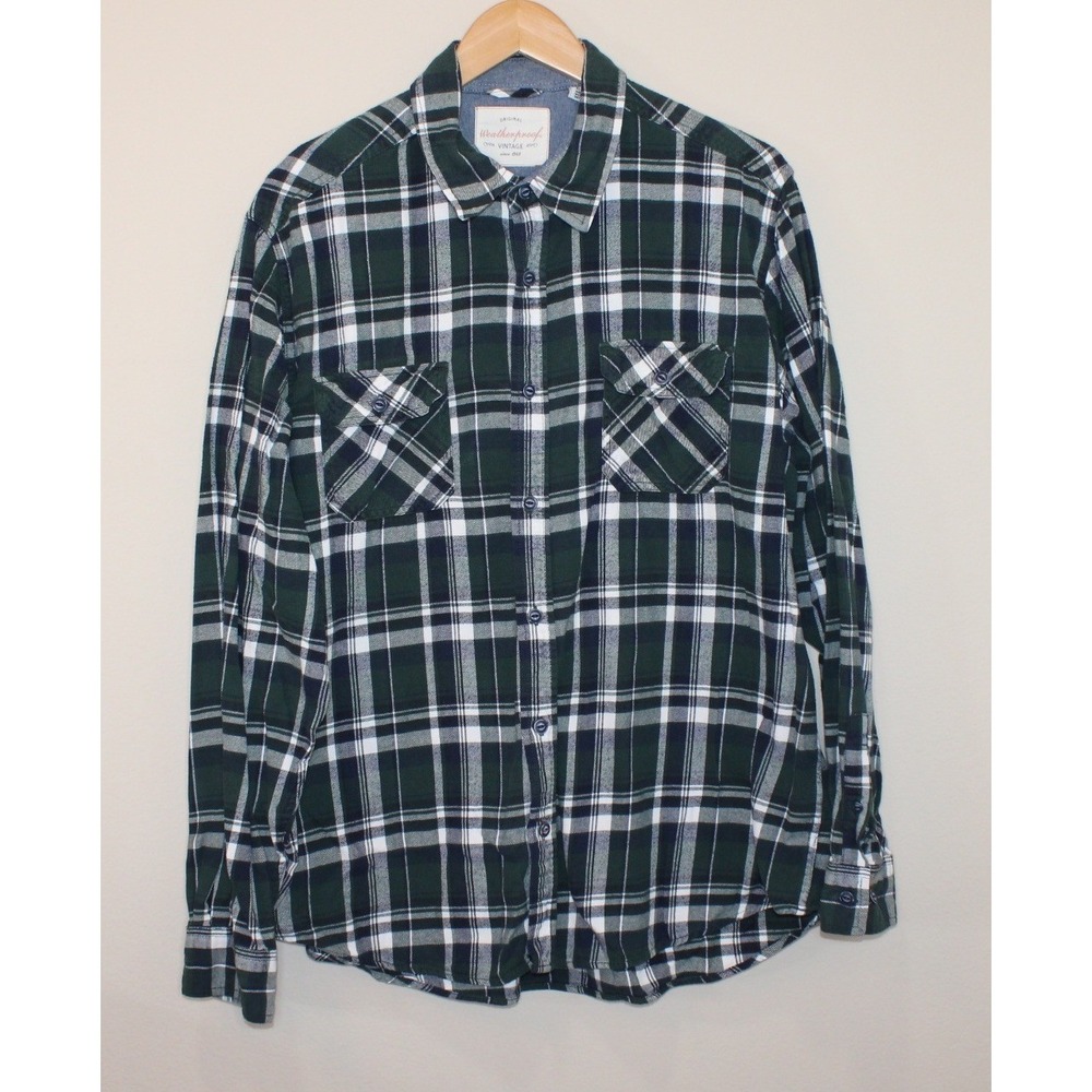 Weatherproof Vintage flannel shirt XL green white plaid long sleeve button front